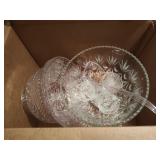 Glass punch bowl, dish and plastic bowls