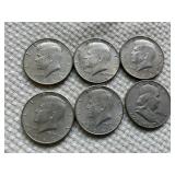 6 Silver Half Dollars - 1964 Kennedy & 1954