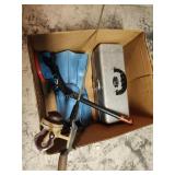Tackle box, fishing pole and flippers
