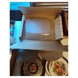 Ceramic platter, 2 glass dishes and tins