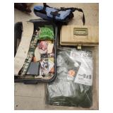 Tarp, fishing tackle and box