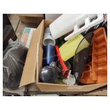 Box of assorted kitchenware and pump