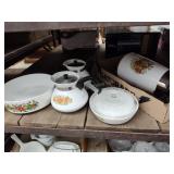 3 Corning ware coffee pots, dish and other