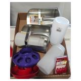 Poultry feeders, 2 scoops and other