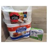2 packs of paper plates 1 pack of plastic spoons