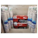 6 packs of paper cups 1 box of food trays 1 box