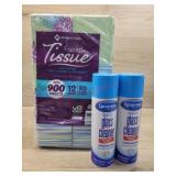 12 boxes facial tissue, 2 foam glass cleaner