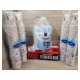 5 packs of paper cups 1 box of plastic forks