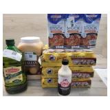 Food. 3 pack chicken stock, 1 extra virgin olive