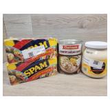 1 pack of Spam 1 can of sausage gravy 1 jar of