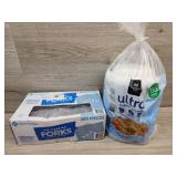 1 bag of paper bowls 1 box of plastic forks
