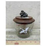 Duck hunter scene tobacco jar with wood lid with