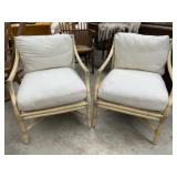 2- Bamboo style patio chairs with white cushions