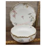 Limoges Serving bowl and plate with blue and pink