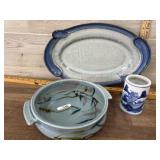 Pottery bowl and platter and Blue vase
