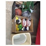 Crate with basketball, box of auto and yard