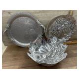 3 Aluminum serving plates and bowl with spoon