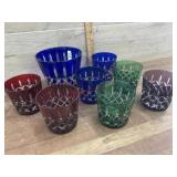 Art glass ice bucket and 7 liquor glasses