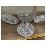 3 Pieces press glass dishes and 1 crystal bowl