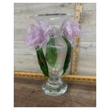Art glass vase with lavender flowers