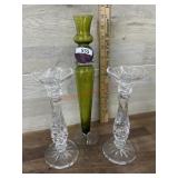 Pair of crystal candle sticks and green art glass
