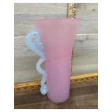Pink art glass vase with blue handle