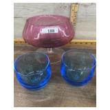 Pink art glass compote and 2 blue art glass cups
