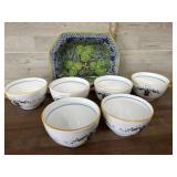 Pottery blue and green bowl and 6- Italy soup