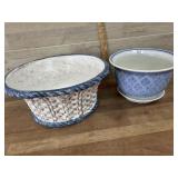 Blue pottery bowl and blue flower pot