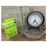 Paper towel holder. wire bowl. clock and misc.