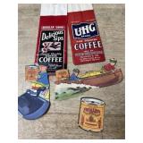 Advertising cut outs and 2 old coffee bags