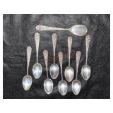 9 STEERLING SILVER SPOONS, FLOWERED PATTERN