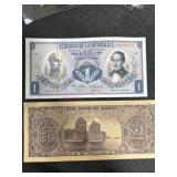 Korea 10 hwan and Columbia 1 peso bank note