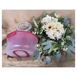Box with tea server, cake carriers and floral
