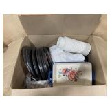 Box lot with black dish set and misc. kitchen