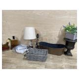 Basket of decorator vase/ tray and misc.