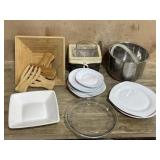 Box of dishes and wood salad bowl