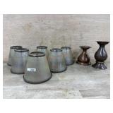 6 Metal and glass light shades and 2 candle