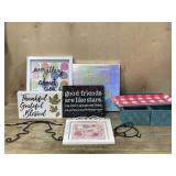 Box of  teal baskets and 5 pictures