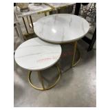 Pair of gold leg white marble look nesting tables