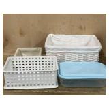 White wicker basket and 2 plastic baskets