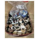 can of shells and colored glass stones