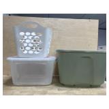 Laundry basket/ clear tote and lid and green tote