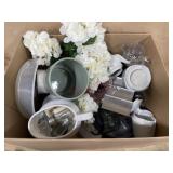 Box of dishes, glassware and floral