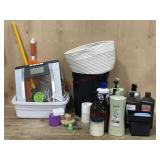 Box of duster, dish pans, extension cords and