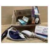 Box of irons, mopping pads and hand vacuum