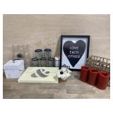 Box lot of pictures/ glassware/ basket and