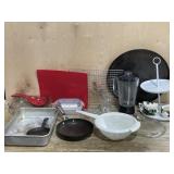 Box lot with bakeware/ tier tray and misc.