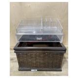 Wood basket and plastic make up stand