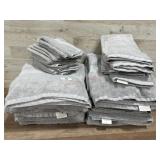 6- Grey bath towels with 4 hand towels and 7 wash